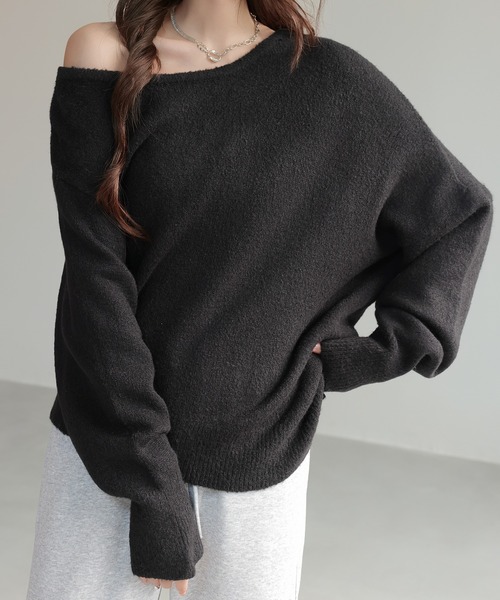GLOWNY 長袖 ニットセーターグレー オフショルダー レイヤードライクオフショルダーニット／llayered like off shoulder