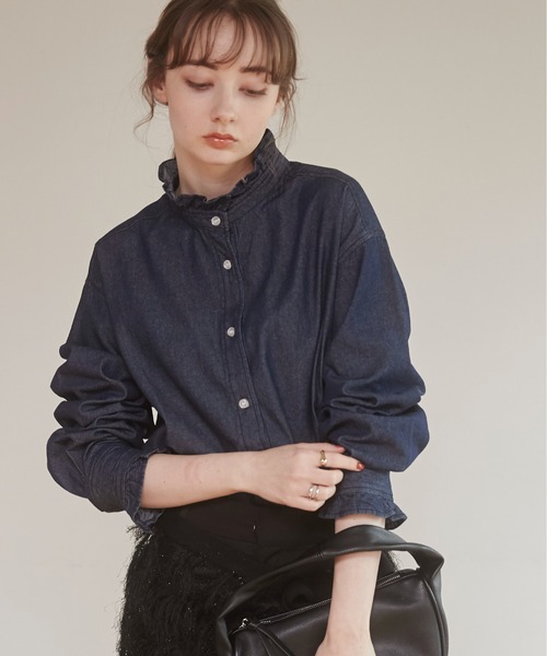 ANGIE ブラウス シャツ デニム フリルカラー シャツ レディース