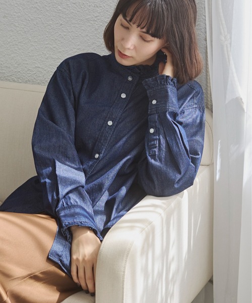 ANGIE ブラウス シャツ デニム フリルカラー シャツ レディース