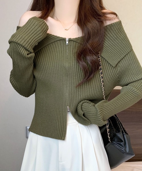 Riff（リフ） ニット セーター オフショルダブルジップリブニット