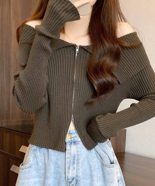 Riff（リフ） ニット セーター オフショルダブルジップリブニット