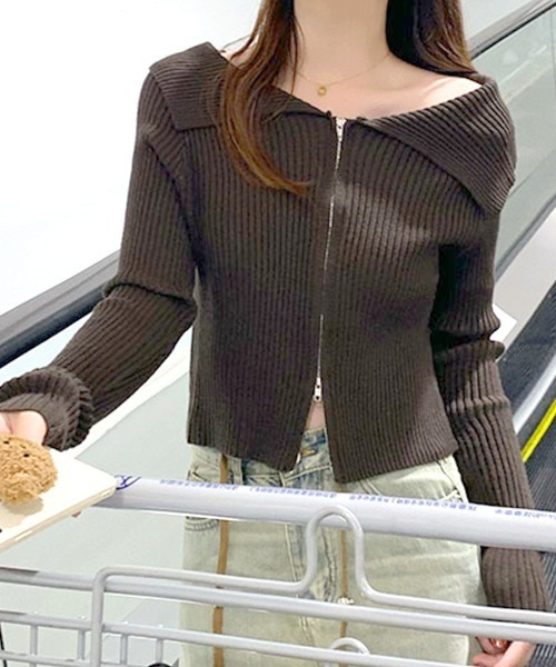 Riff（リフ） ニット セーター オフショルダブルジップリブニット