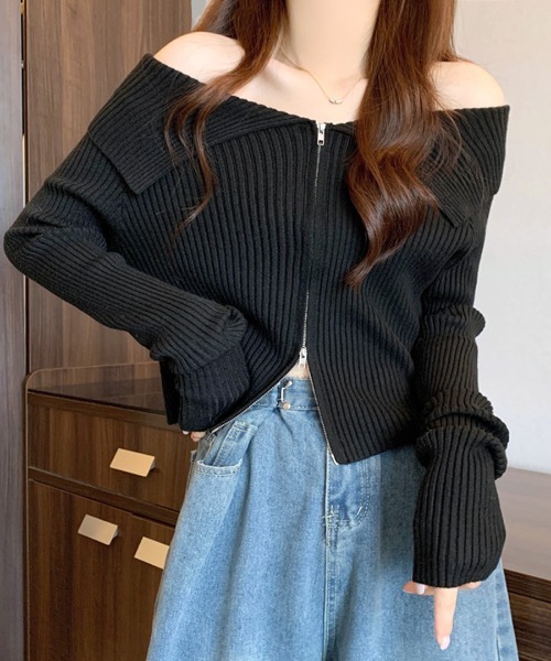 Riff（リフ） ニット セーター オフショルダブルジップリブニット