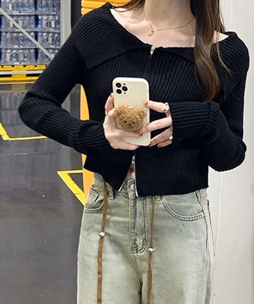 Riff（リフ） ニット セーター オフショルダブルジップリブニット