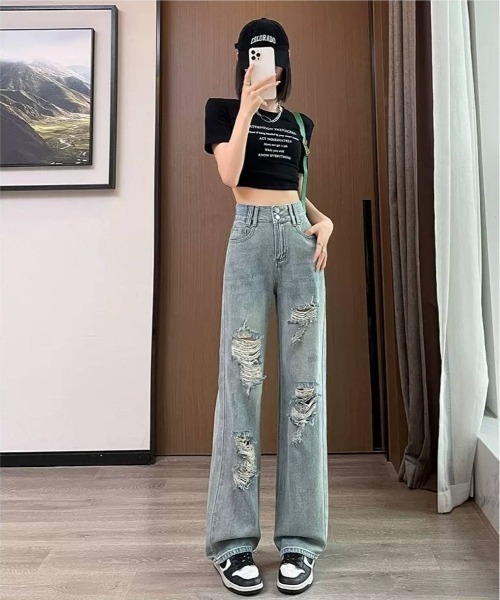 ダメージデニム✭ロングパンツ★ゆったり女子会・デートコーデに 楽天市場】デニムパンツ ロングパンツ 夏 普段着 ルーズ 大きい