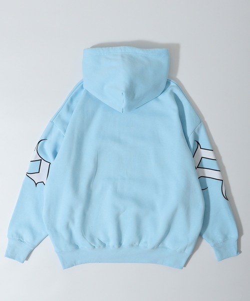 アシンメトリックデザイン パーカー ホワイト/ライトブルー RE730 スマホショルダー パーカー Logo embroidery pullover hoodie