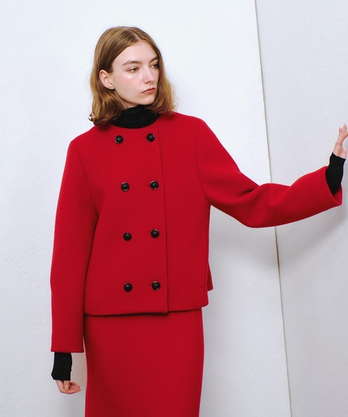 美品✨allureville アルアバイル　ショート丈ノーカラーコート　レッド ショートビーバーノーカラージャケット|allureville OFFICIAL