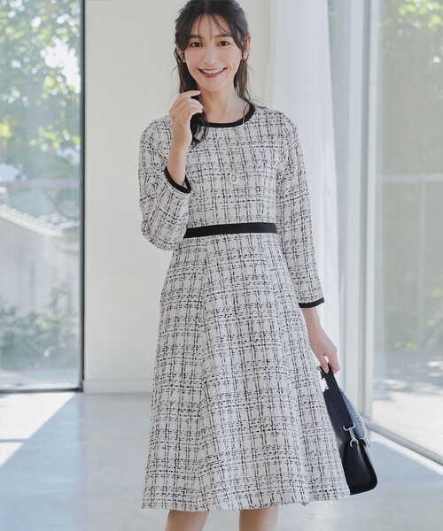 Tiaclasse ワンピース 「大きいサイズ」配色ツイードワンピース