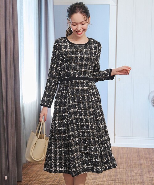 Tiaclasse ワンピース 「大きいサイズ」配色ツイードワンピース