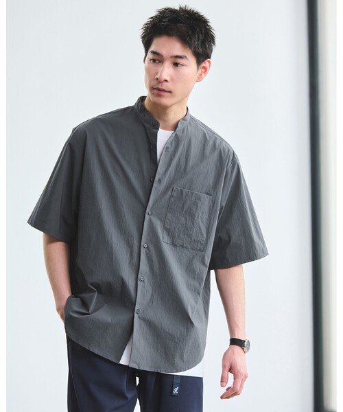 【green label relaxing】半袖シャツ バンドカラー ネイビー green label relaxing シャツ ウォッシャブルトロ バンドカラー