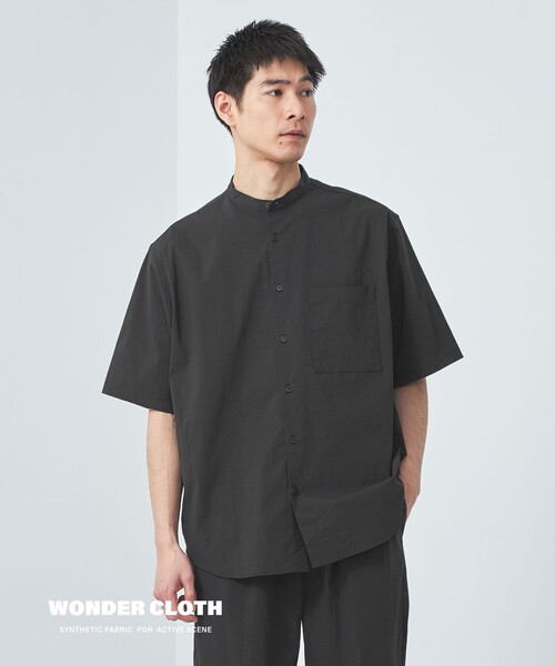【green label relaxing】半袖シャツ バンドカラー ネイビー green label relaxing シャツ ウォッシャブルトロ バンドカラー