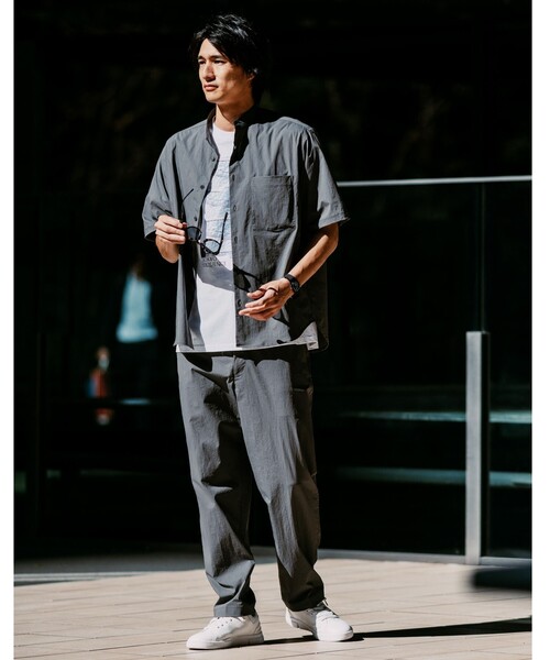【green label relaxing】半袖シャツ バンドカラー ネイビー green label relaxing シャツ ウォッシャブルトロ バンドカラー