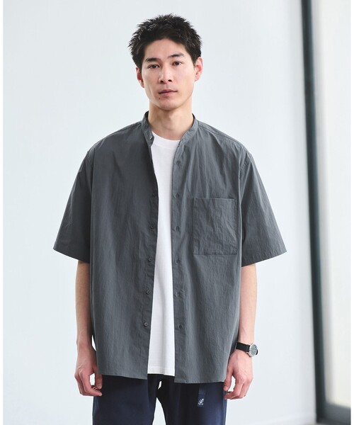 【green label relaxing】半袖シャツ バンドカラー ネイビー green label relaxing シャツ ウォッシャブルトロ バンドカラー