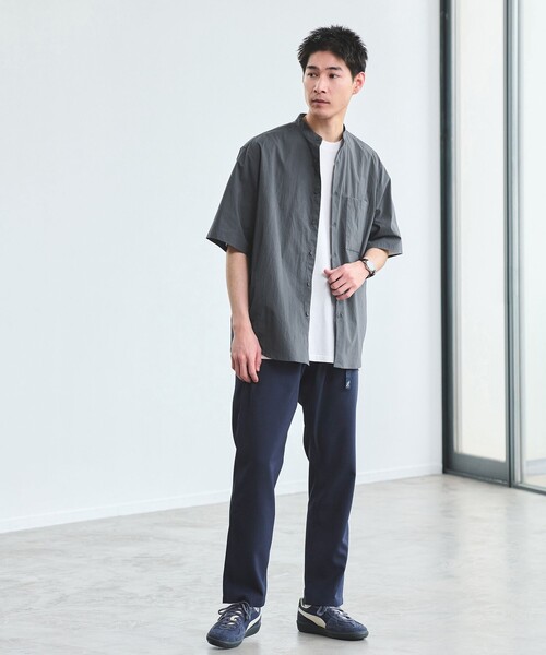 【green label relaxing】半袖シャツ バンドカラー ネイビー green label relaxing シャツ WONDER CLOTH バンドカラー 半袖