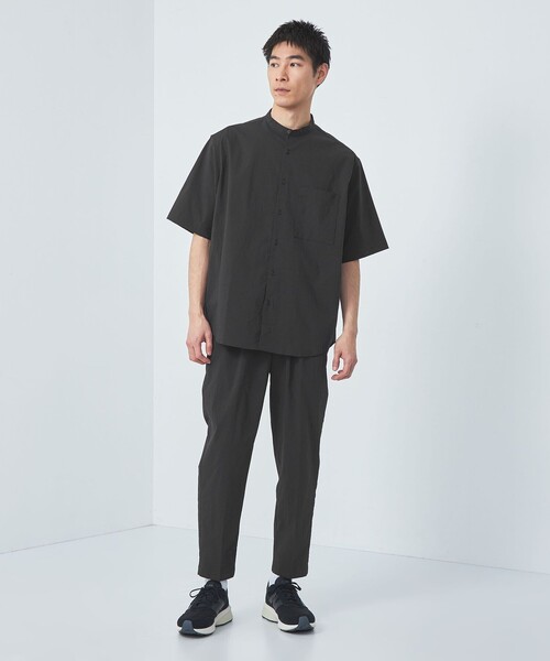 【green label relaxing】半袖シャツ バンドカラー ネイビー green label relaxing シャツ WONDER CLOTH バンドカラー 半袖