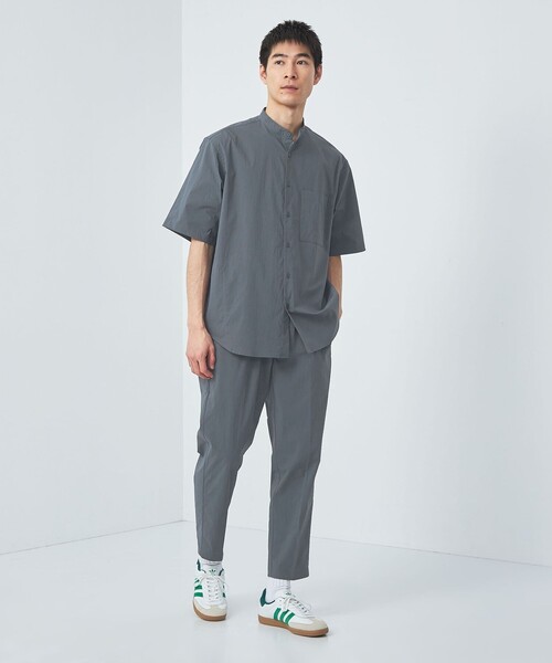 【green label relaxing】半袖シャツ バンドカラー ネイビー セール】WONDER CLOTH バンドカラー 半袖 シャツ -ストレッチ