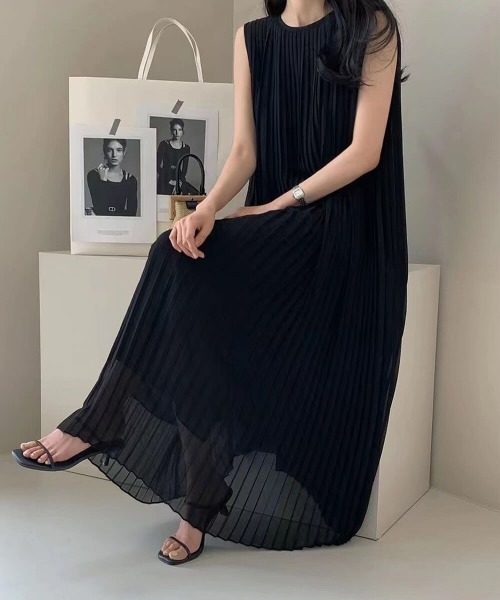 ワンピース 上品プリーツノースリーブロングワンピース : ZOZOTOWN