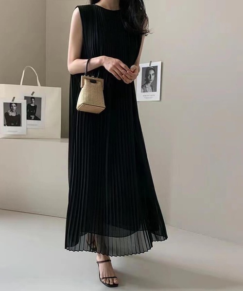 ワンピース 上品プリーツノースリーブロングワンピース : ZOZOTOWN