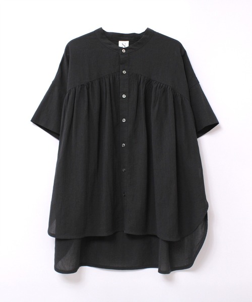 【美品】EDITION エディション コットンボイルシアー ノーカラーシャツ 黒 RNA-N（アールエヌエーエヌ） ブラウス シャツ B2886 コットンボイル