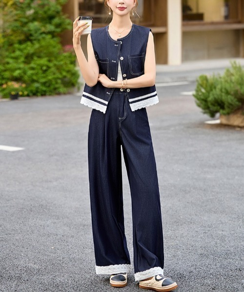 古*郎様 チェリーサンバースト　ベストパンツセットアップ gossip!ロサンゼルス セットアップ 縁取りレース デニムベスト＆ワイド