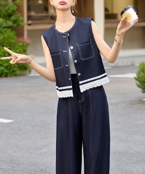 gossip!ロサンゼルス セットアップ 縁取りレース デニムベスト＆ワイド