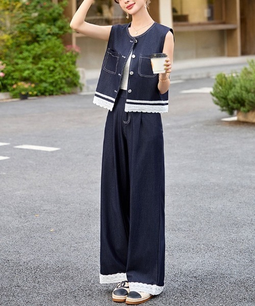 古*郎様 チェリーサンバースト　ベストパンツセットアップ gossip!ロサンゼルス セットアップ 縁取りレース デニムベスト＆ワイド