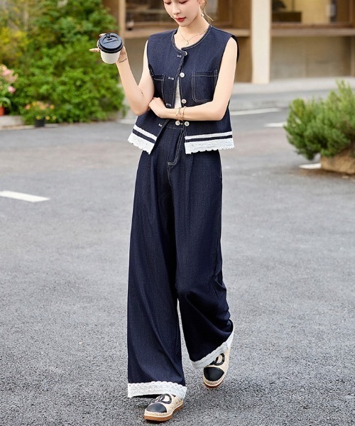 gossip!ロサンゼルス セットアップ 縁取りレース デニムベスト＆ワイド