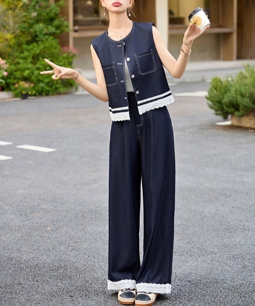 gossip!ロサンゼルス セットアップ 縁取りレース デニムベスト＆ワイド