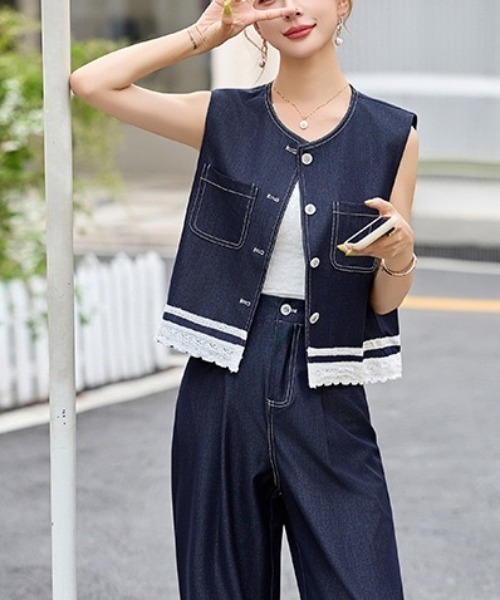 gossip!ロサンゼルス セットアップ 縁取りレース デニムベスト＆ワイド