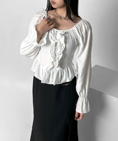 d.i.aレースドレープ長袖トップス ホワイト/ブラック t4128-m01.jpg