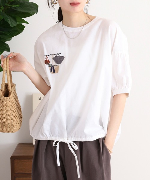 ブラウス シャツ EMAGO かごバッグ刺繍ブラウス レディース