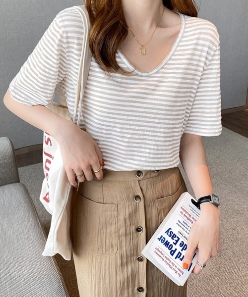 miniministore（ミニミニストア） tシャツ 半袖 ボーダー柄Tシャツ V
