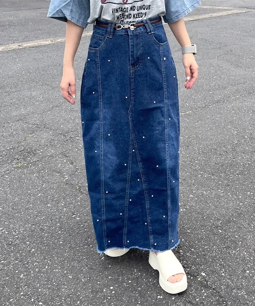 CRB スカート フェイクパール付デニムコクーンロングスカート