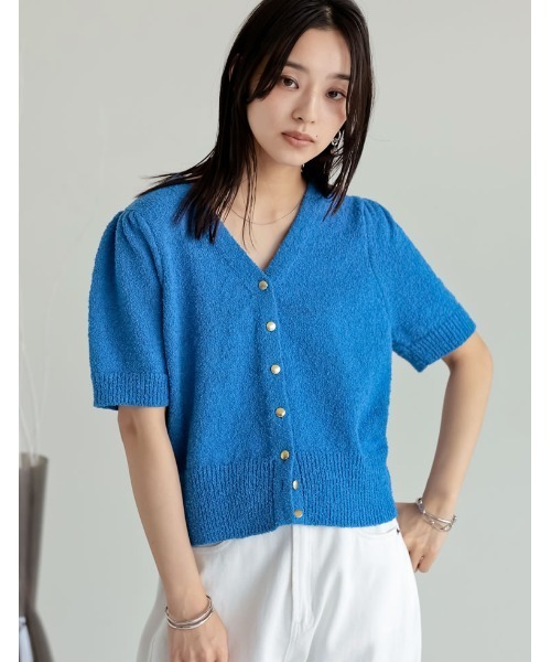 tシャツ 「二の腕カバー」パフスリーブ金ボタンループヤーン半袖カーディガン レディース
