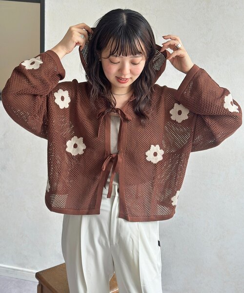 ニット セーター メッシュ花柄ジャガードパーカー レディース