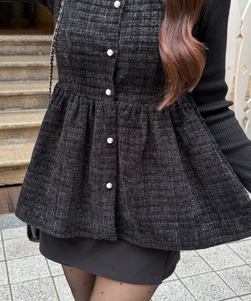 JUNOAH（ジュノア） ベスト ジレ パール釦ツイードペプラムトップス