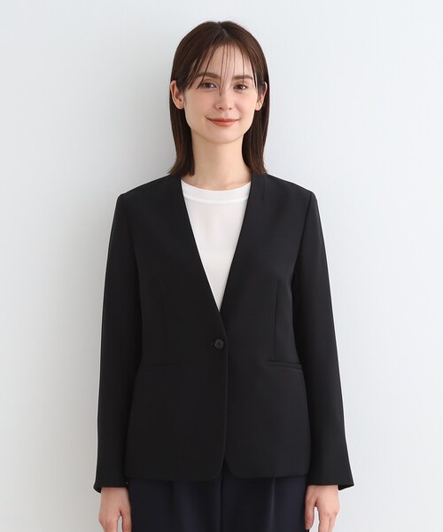 極美品 INDIVI ノーカラー セットアップ 洗える スーツ ストレッチ 定番スーツ/洗える/UVケア】ストレッチノーカラージャケット