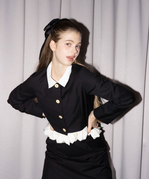 エムプルミエ　フリル付きベージュジャケット ジャケット ノーカラージャケット blooming frill jacket / フリル