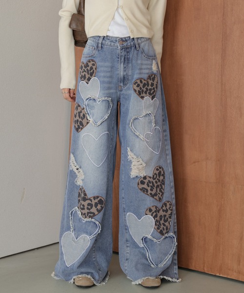 ジーンズ デニム デニムパンツ ランダムハートデザイン レディース