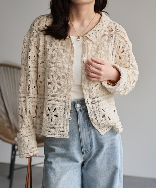 MALION VINTAGE レース編み クロップドカーディガン S ap retro ブラウス シャツ クロシェレース透かし編みカーディガン