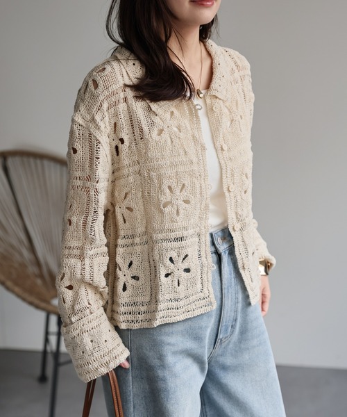 ap retro ブラウス シャツ クロシェレース透かし編みカーディガン