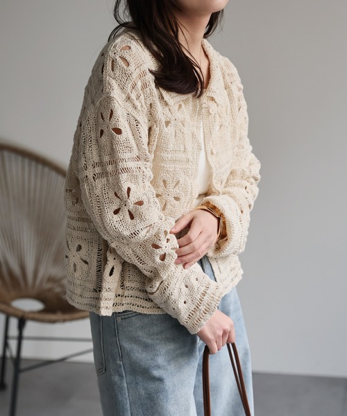 ap retro ブラウス シャツ クロシェレース透かし編みカーディガン