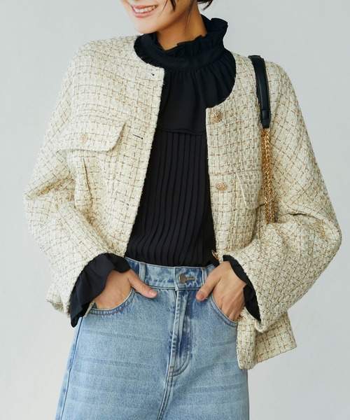 「SAISON DE PAPILLON」 ノーカラージャケット M ベージュ レディース_画像3