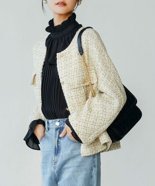 「SAISON DE PAPILLON」 ノーカラージャケット M ベージュ レディース_画像4