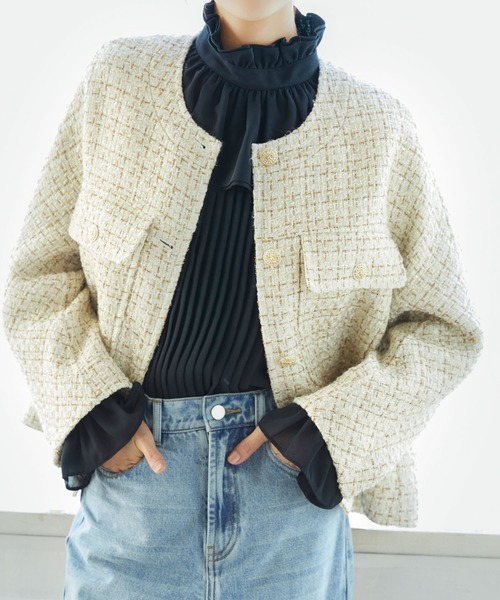 「SAISON DE PAPILLON」 ノーカラージャケット M ベージュ レディース_画像5