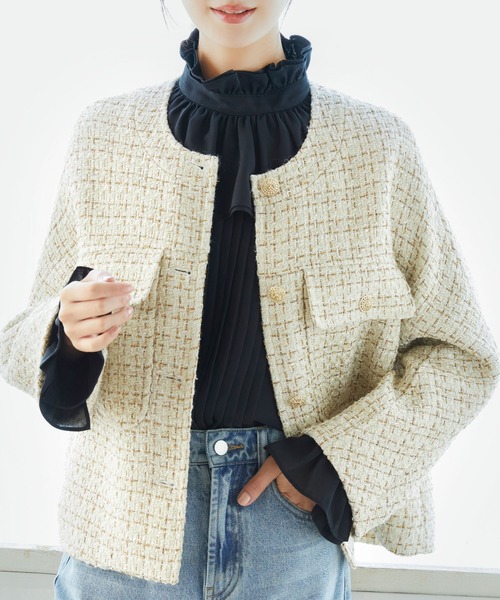 「SAISON DE PAPILLON」 ノーカラージャケット M ベージュ レディース_画像6