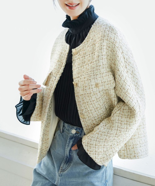 「SAISON DE PAPILLON」 ノーカラージャケット M ベージュ レディース_画像8