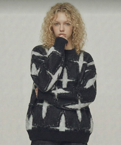 MONOCHROME セーター ニット クロスパターンディストレストニット