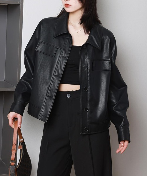 Aelina レザージャケット ライダース 襟付きショートフェイクレザー