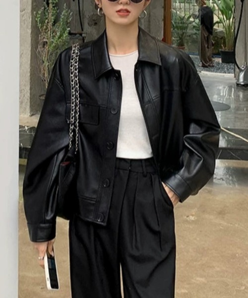 Aelina レザージャケット ライダース 襟付きショートフェイクレザー